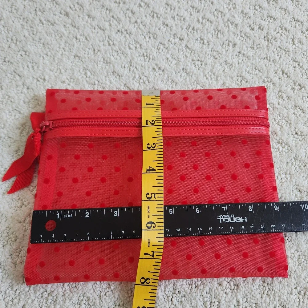 Red Mesh Polka Dot Makeup Bag Velvet Flocked Cosmetic Pouch Ribbon Zipper Pull